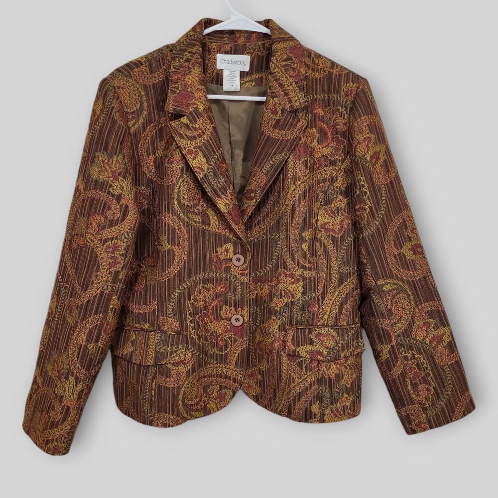 Chadwicks Blazer Womens 14 Floral Paisley Brown Casual Fall Winter Lined Classic